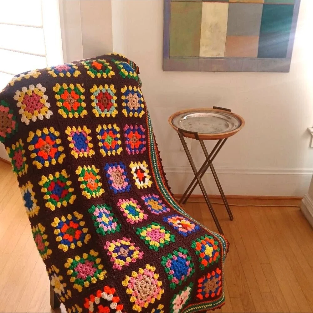 Vintage 70's Handmade Blanket Granny Square Farmhouse Multi-Color Crochet Unique